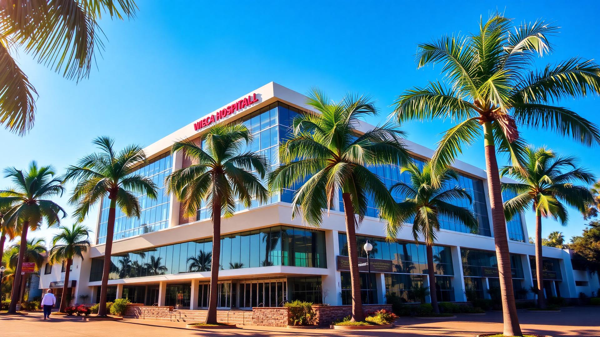 Modern African hospital with palm trees under bright sky